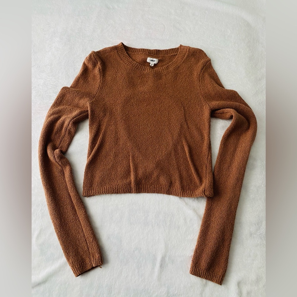 Aerie Brown Crew Neck Sweater with Ribbed Details